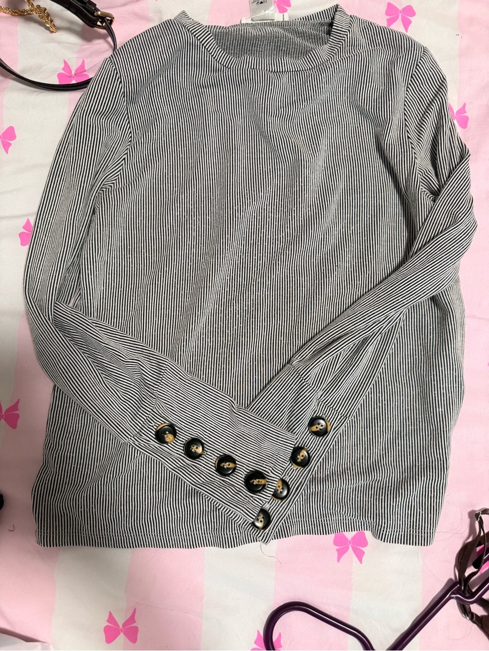Women’s Black & White Striped Long-Sleeve Top with Button Cuffs